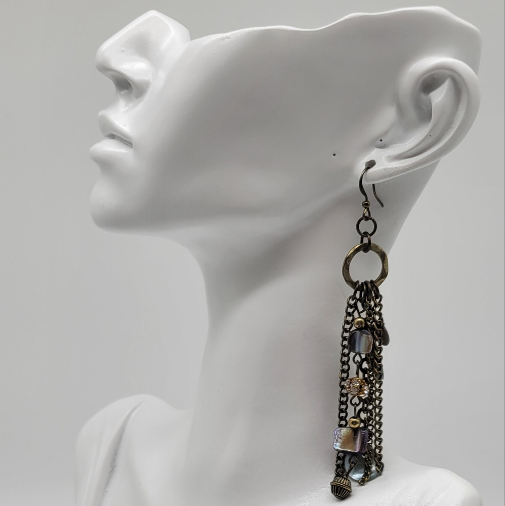 Extra Long Beaded Shell Dangle Earrings With Chai… - image 3